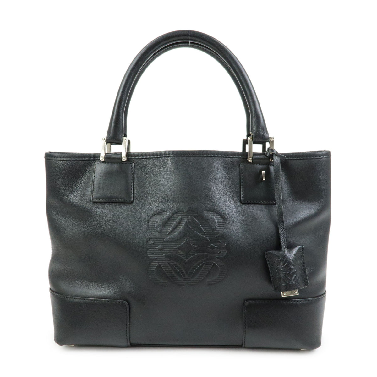 LOEWE Anagram Amazona Fusta Leather Tote Bag Hand Bag Black Silver
