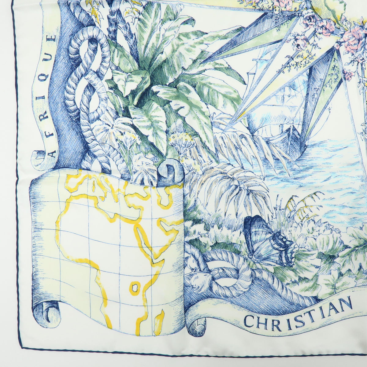 Christian Dior Silk 100% Scarf White Navy Blue Yellow