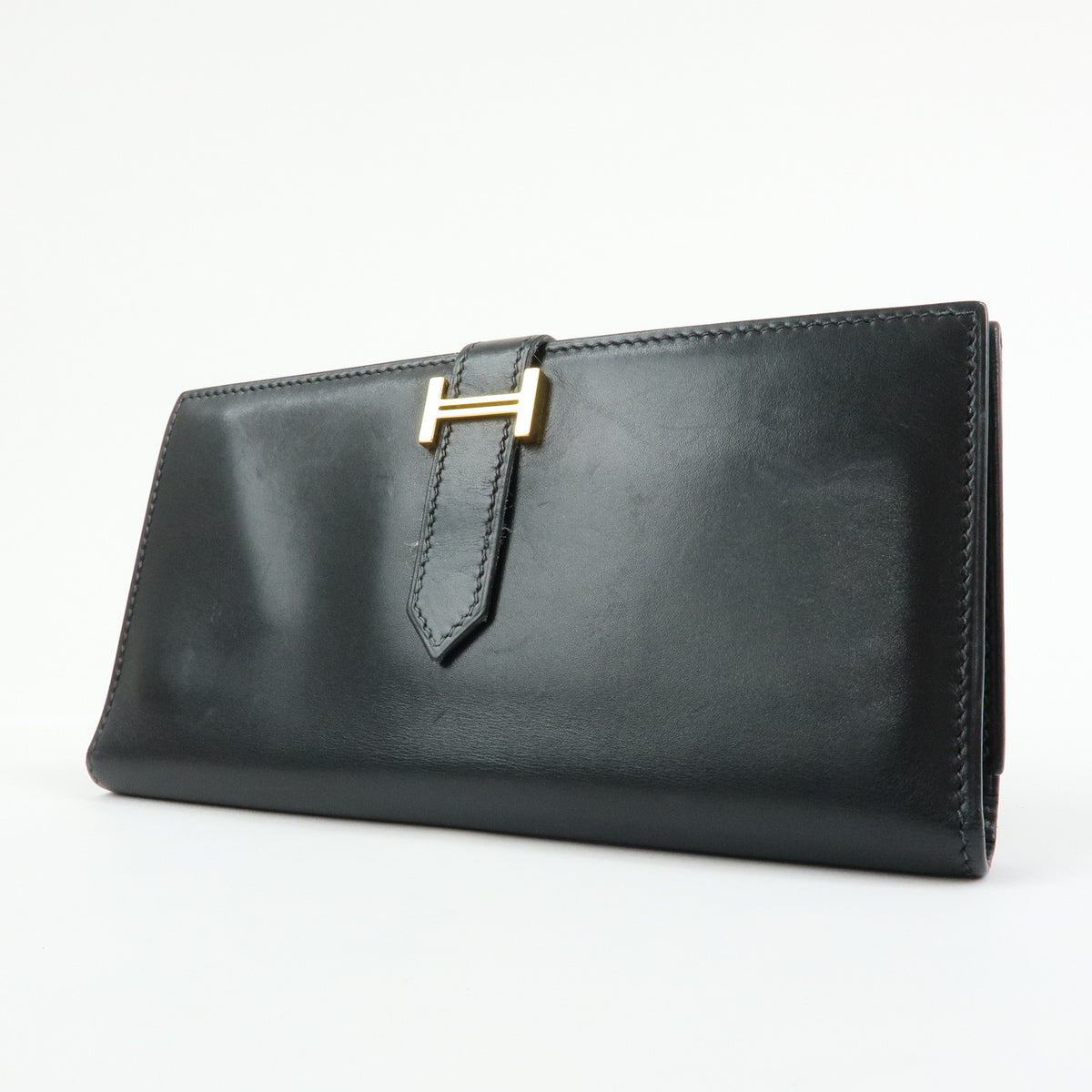 HERMES Bearn Leather Bi-fold Long Wallet □I Stamped Black Gold