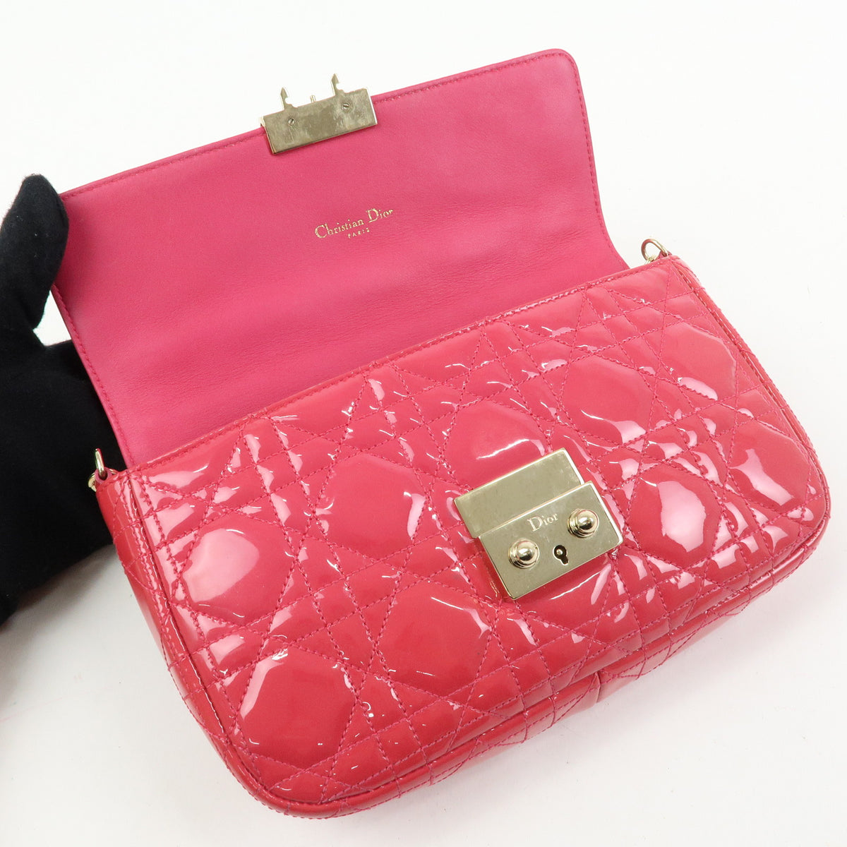 Christian Dior New Lock Cannage Patent Leather Chain Shoulder Bag Pink