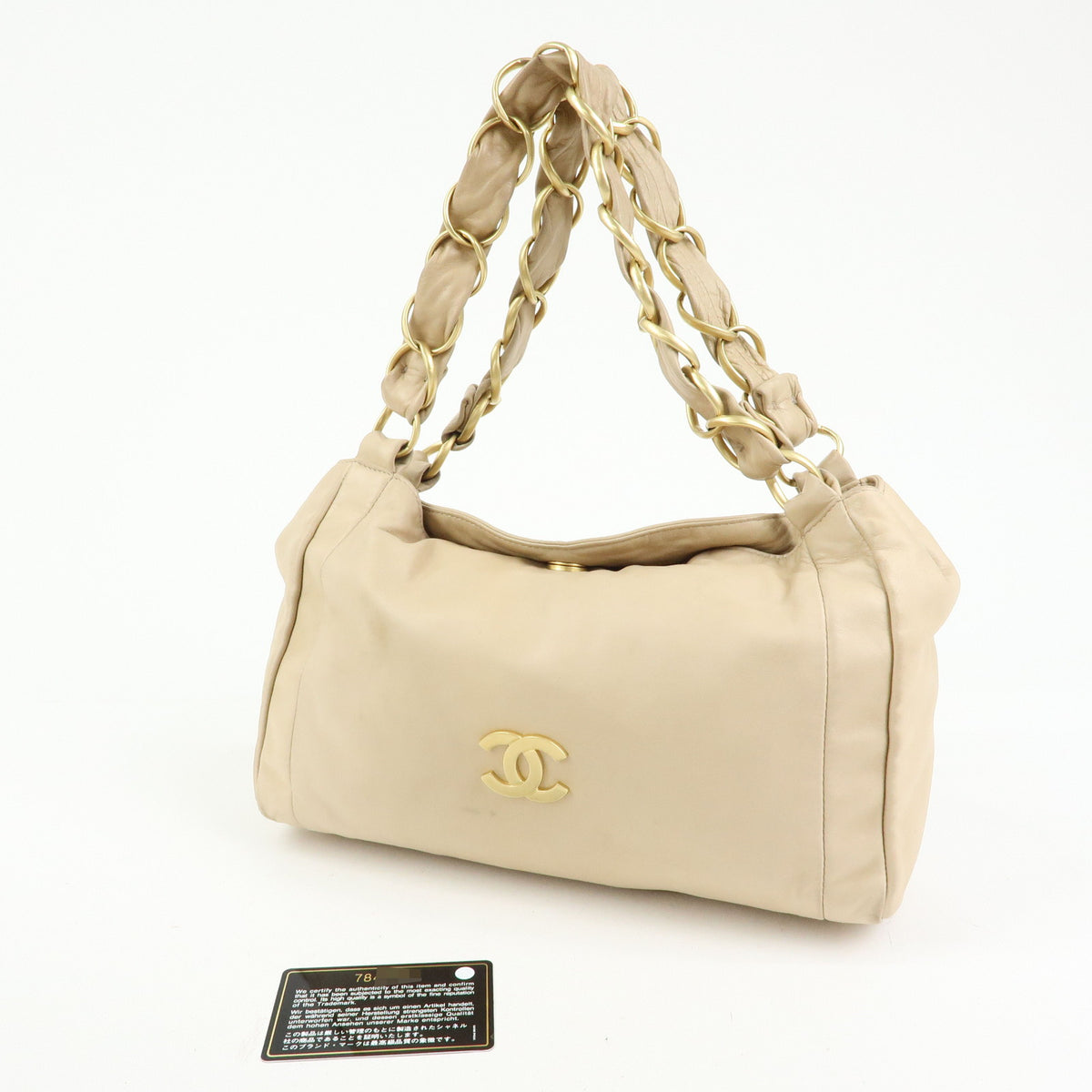 CHANEL COCO Mark Lamb Skin Chain Shoulder Bag Hand Bag Beige