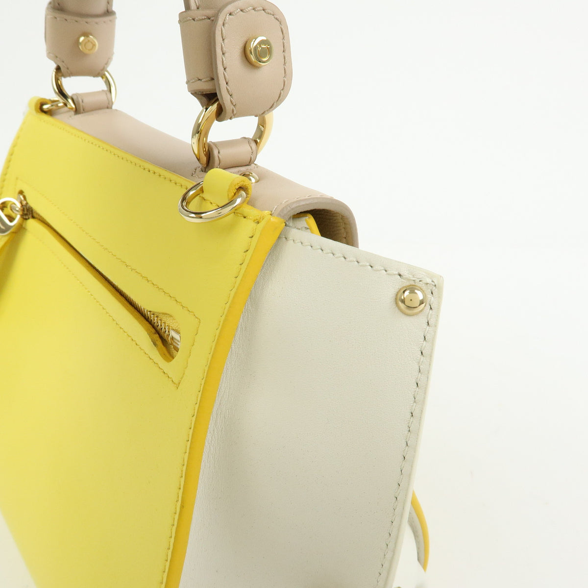 Ferragamo Gantini Leather 2Way Hand Bag Shoulder Bag Yellow Beige White
