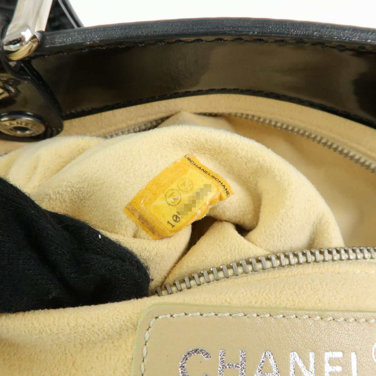 CHANEL COCO Mark Patent Leather Perforated Punching Hand Tote Bag Black