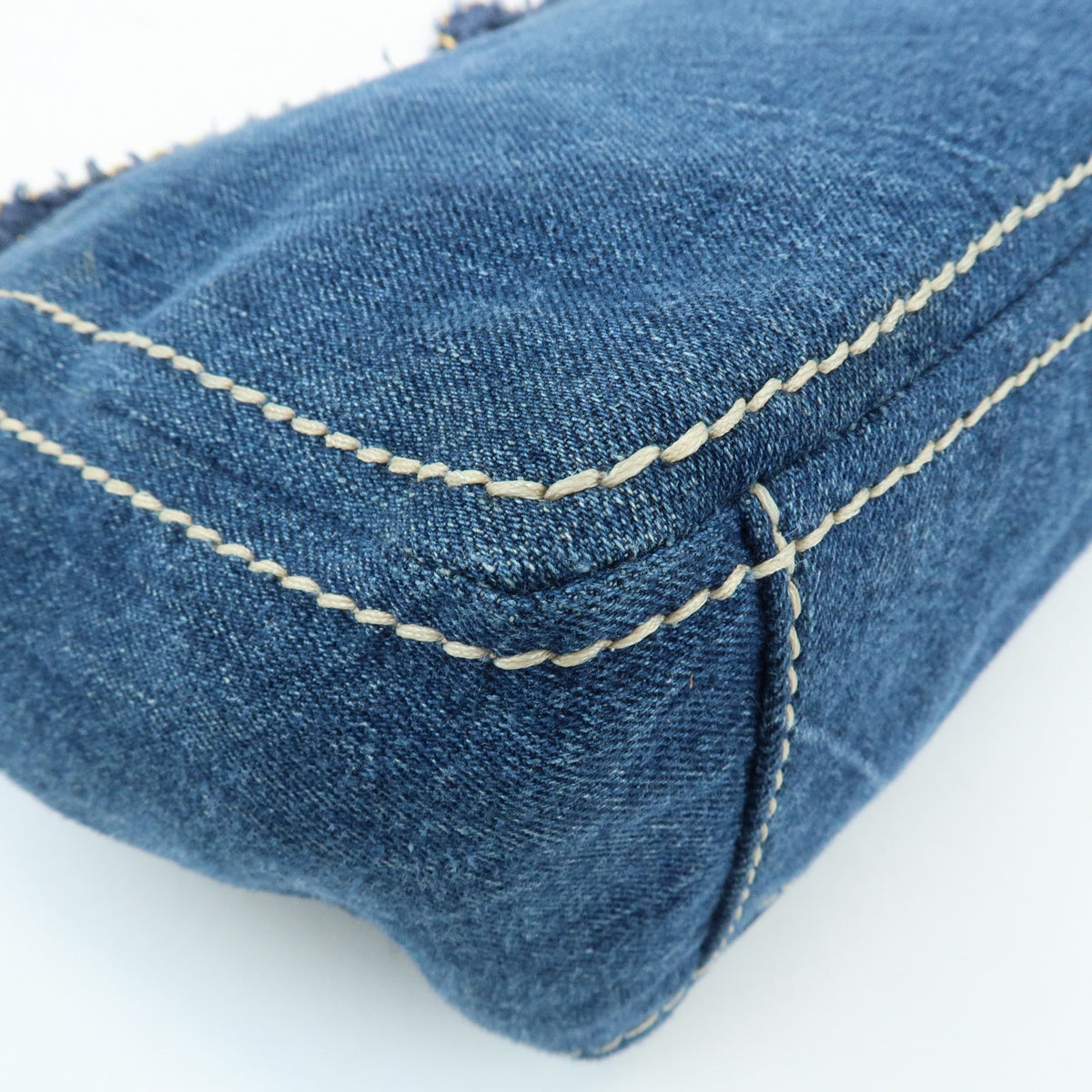 PRADA Front Flap Denim Leather Chain Shoulder Bag Blue Camel BR4659