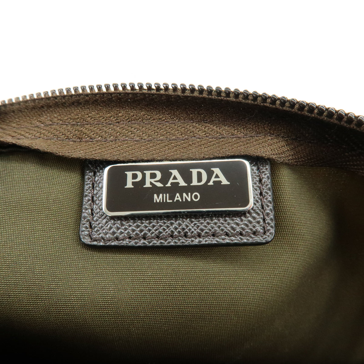 PRADA Triangle Logo Nylon Cosmetic Pouch Makeup Case Khaki Brown 1NA012