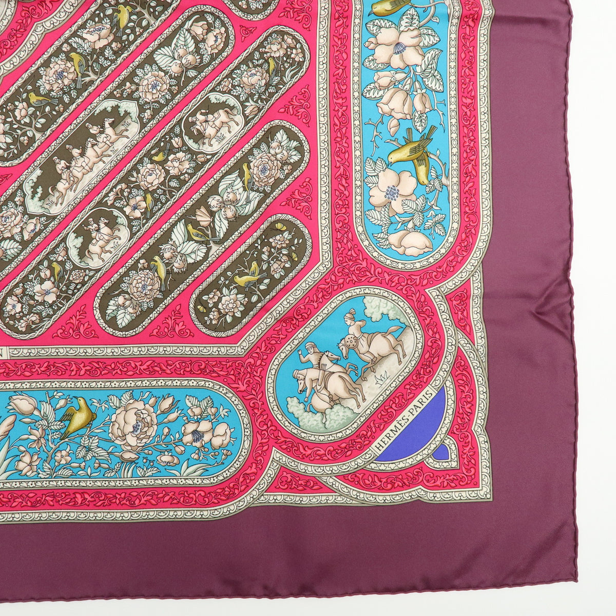 HERMES Carre 90 Silk 100% Scarf QALAMDAN Purple Brown Blue