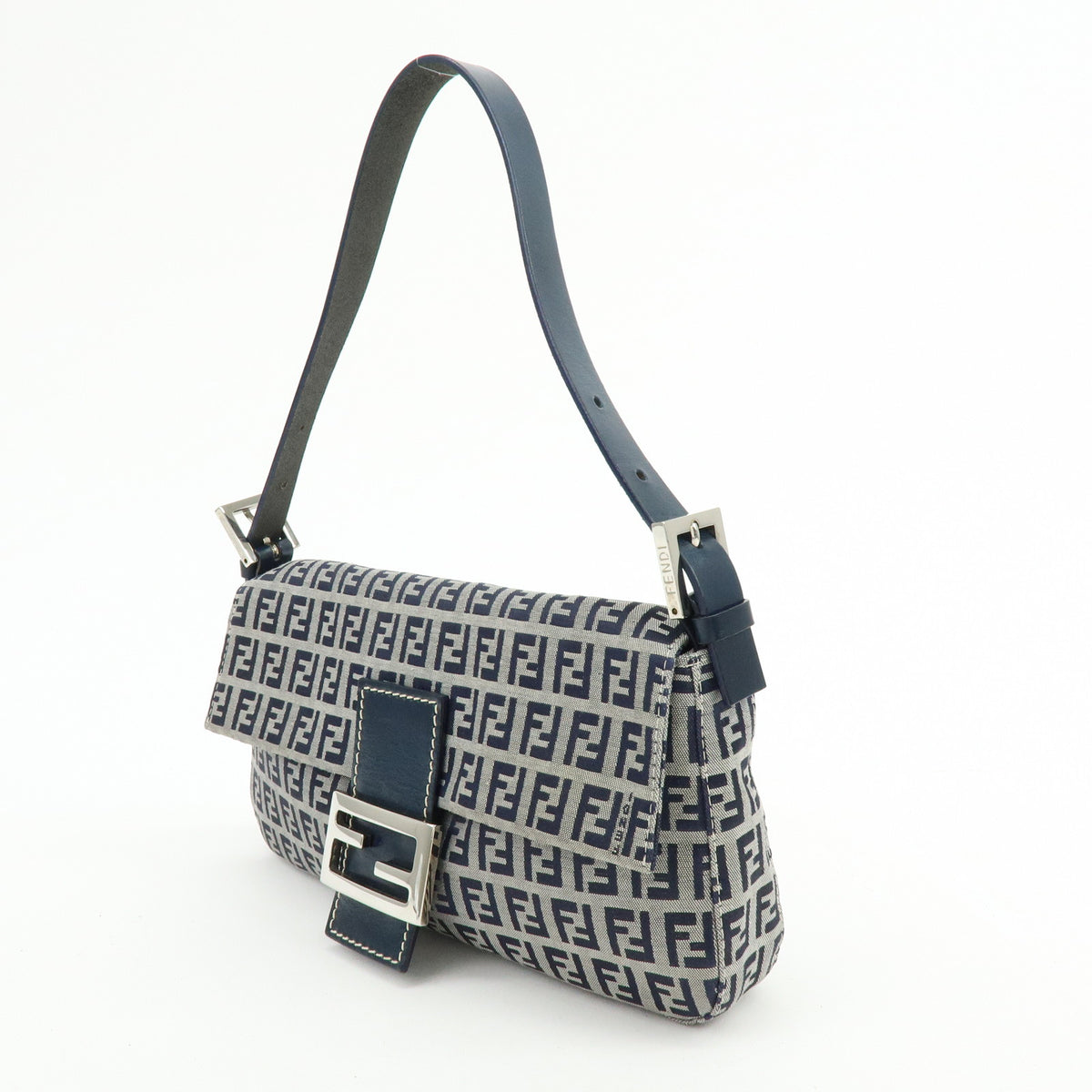 FENDI Mamma Baguette Zucchino Canvas Leather Shoulder Bag Navy 26424