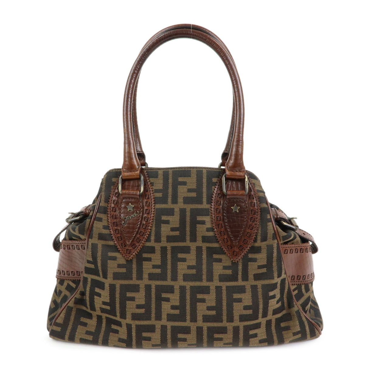 FENDI Etnico Zucca Canvas Leather Tote Bag Shoulder Bag Brown 8BN157