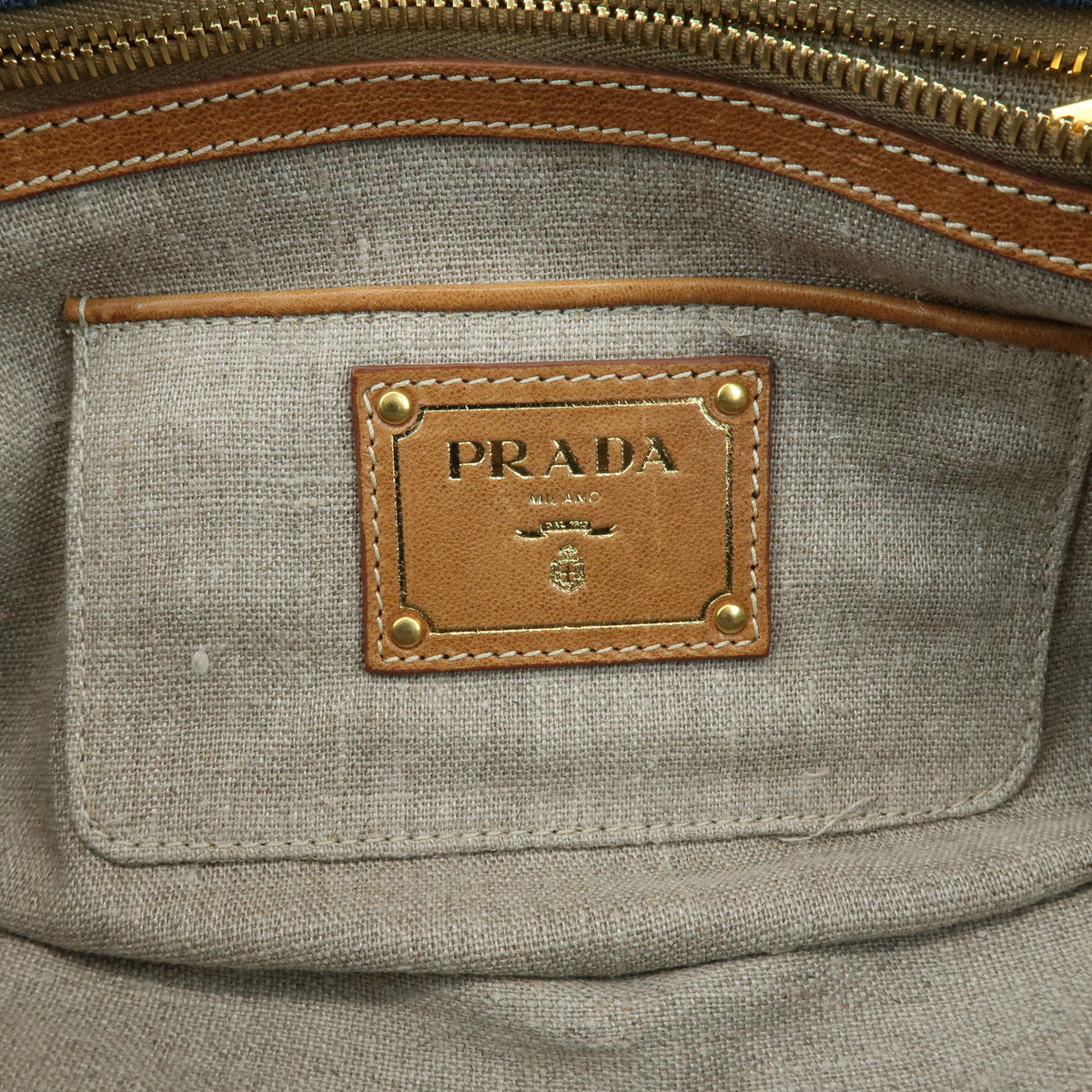 PRADA Front Flap Denim Leather Chain Shoulder Bag Blue Camel BR4659