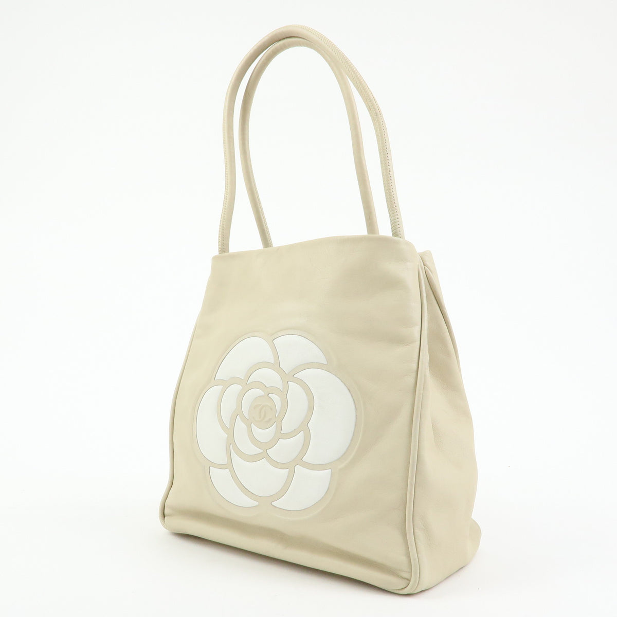CHANEL Logo Camellia Leather Tote Bag Shoulder Bag Beige A20856