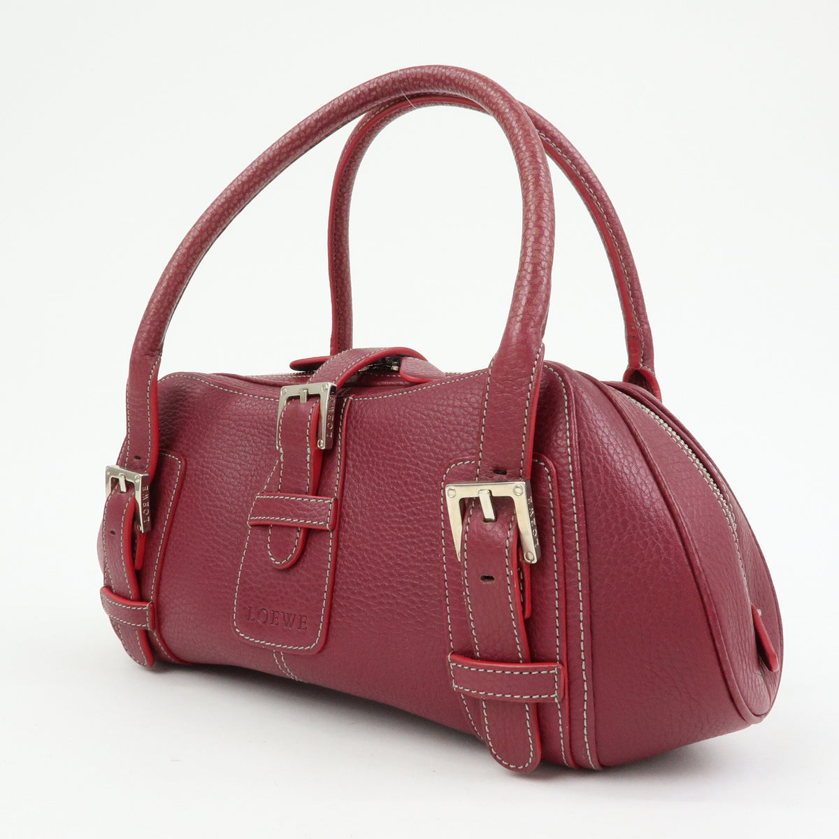 LOEWE Senda Leather Boston Bag Hand Bag Buckle Design Bordeaux