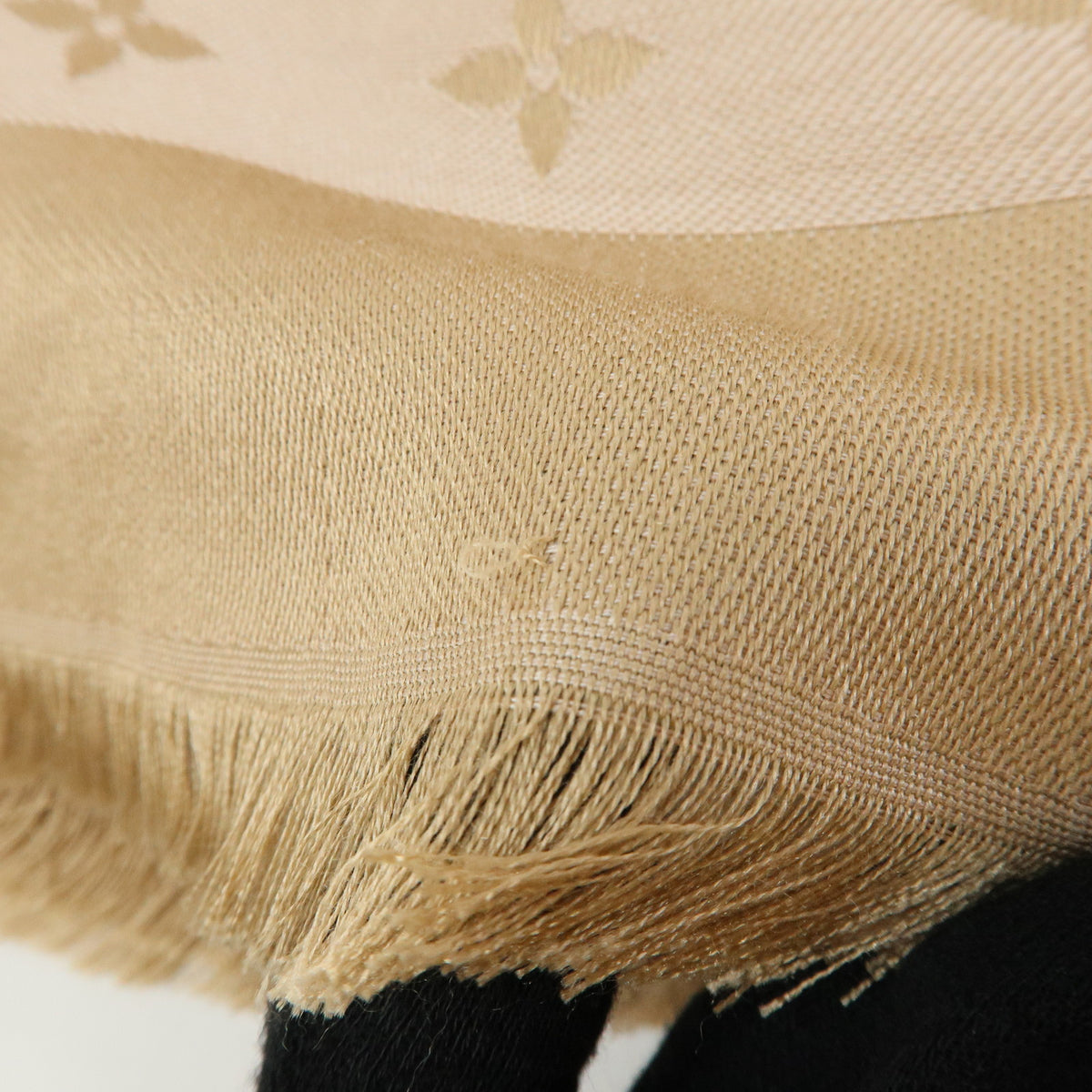 Louis Vuitton Monogram Shine Silk Wool Scarf Shawl Fringe Greige M75121