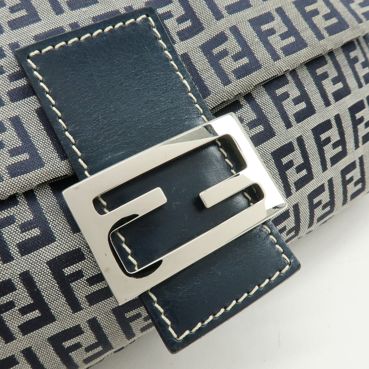 FENDI Mamma Baguette Zucchino Canvas Leather Shoulder Bag Navy 26424