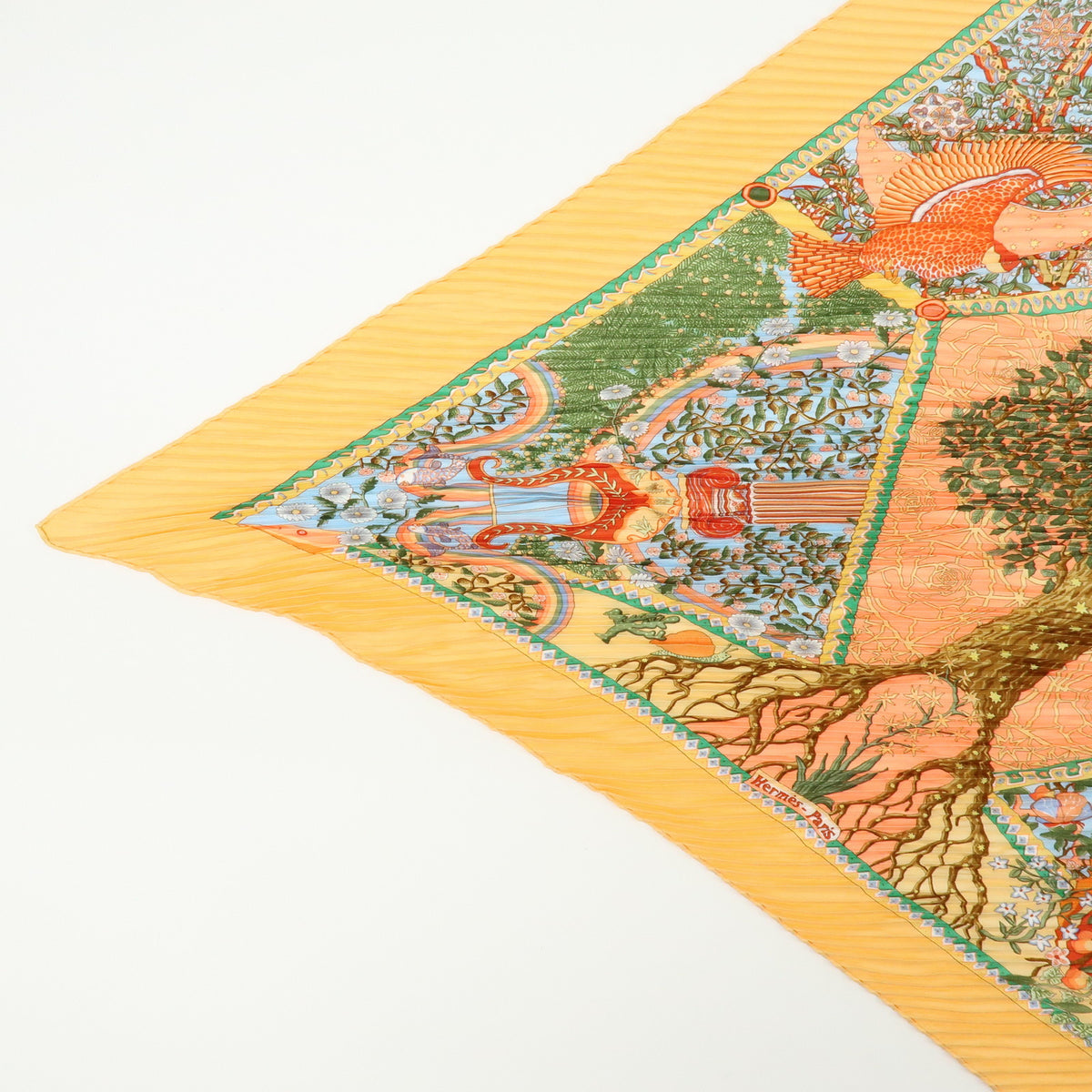 HERMES Pleated Carre Silk 100% Scarf AXIS MUNDI Orange