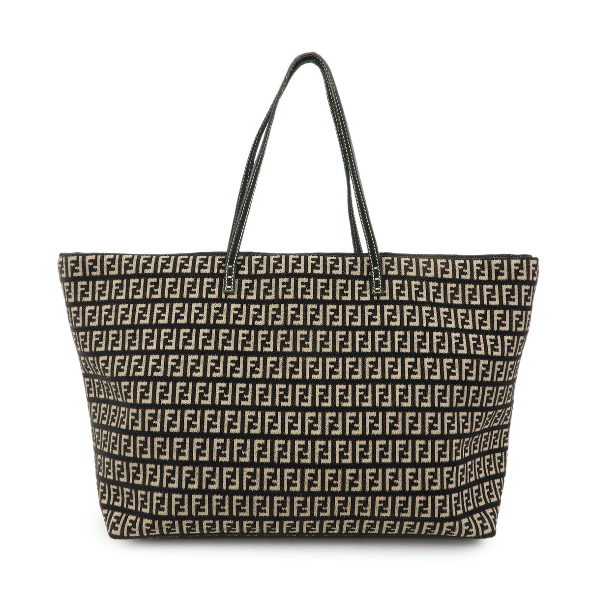 FENDI Zucchino Canvas Leather Tote Bag Shoulder Bag Black Beige 8BH005