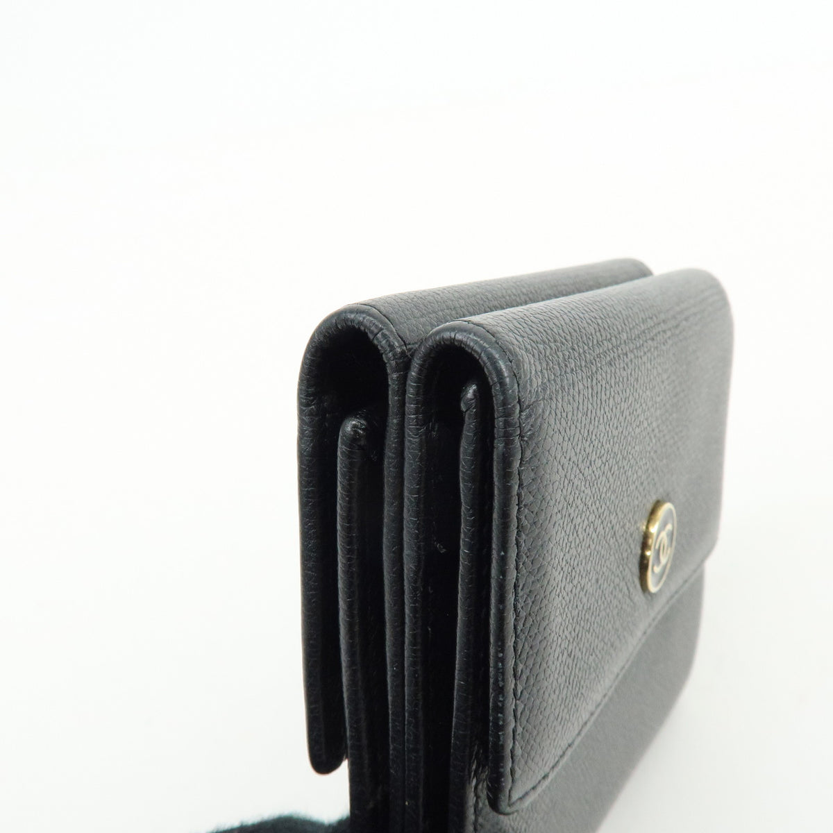 CHANEL COCO Button Calf Skin W Hook Compact Wallet Black A20902