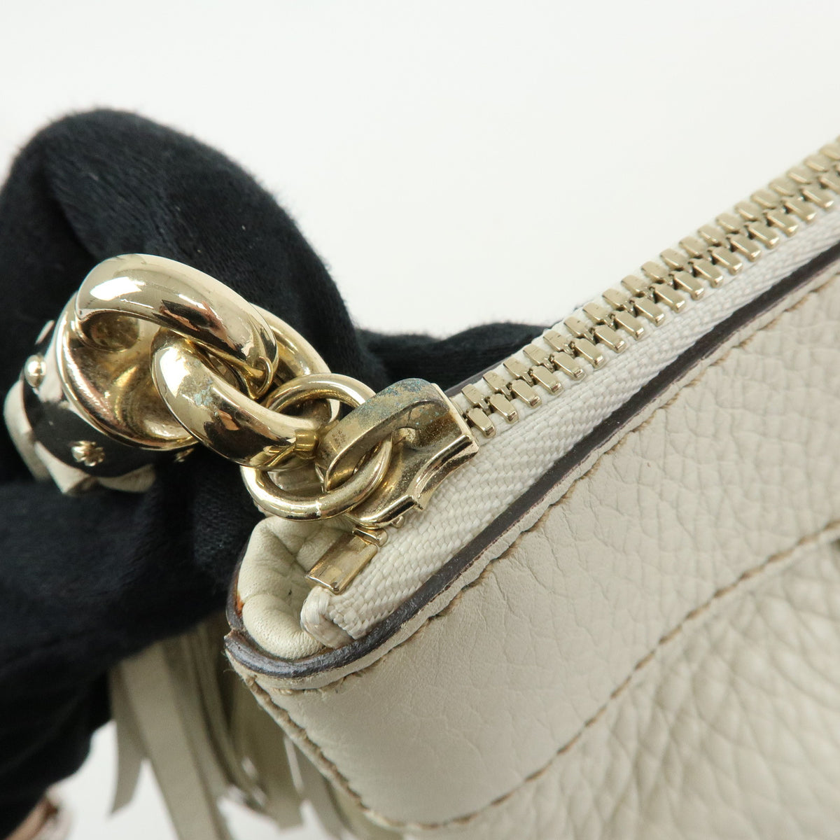 GUCCI Soho Interlocking G Leather Tote Bag Hand Bag Tassel Ivory 282307