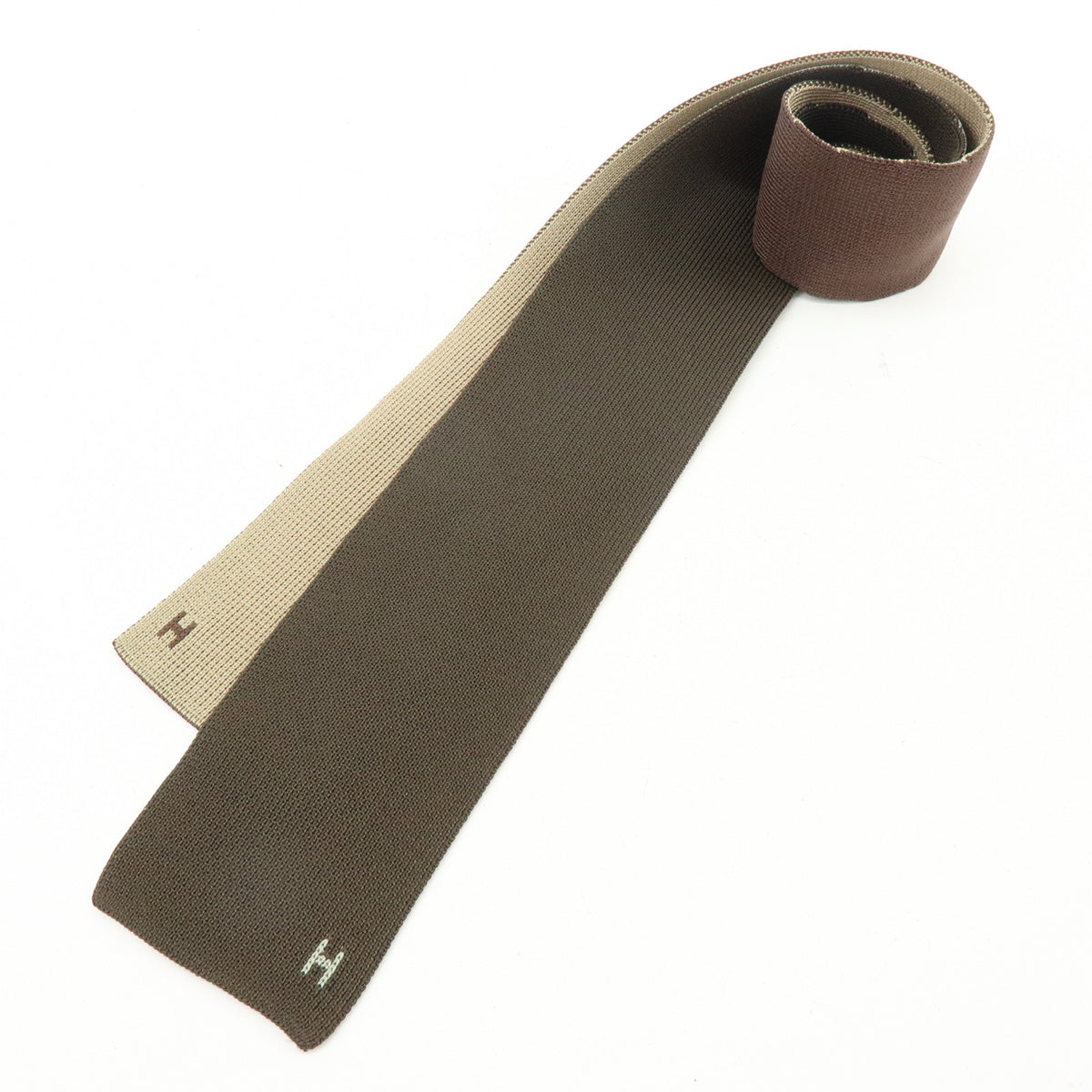 HERMES Silk 100% Knit Tie Brown Beige Green