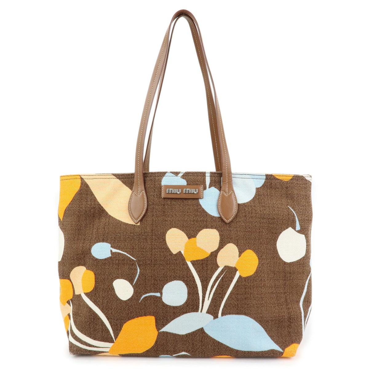 MIU MIU Logo Canvas Leather Tote Shoulder Bag Flower Brown 5BG126