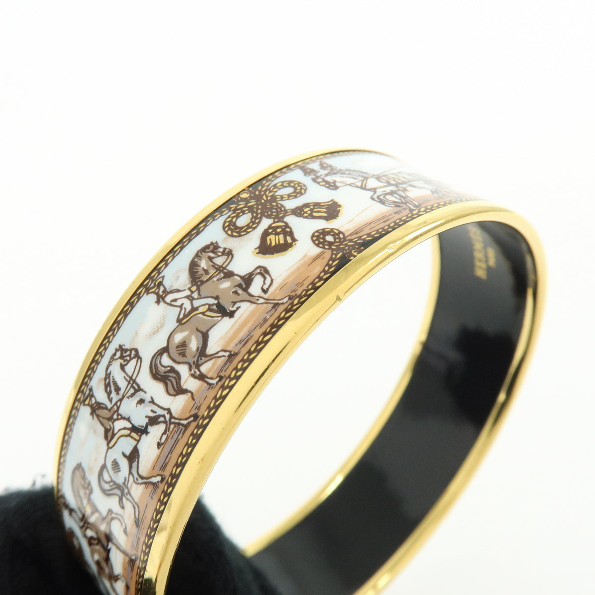 HERMES Email GM Gold Plated Bangle Bracelet Carriage Light Blue White
