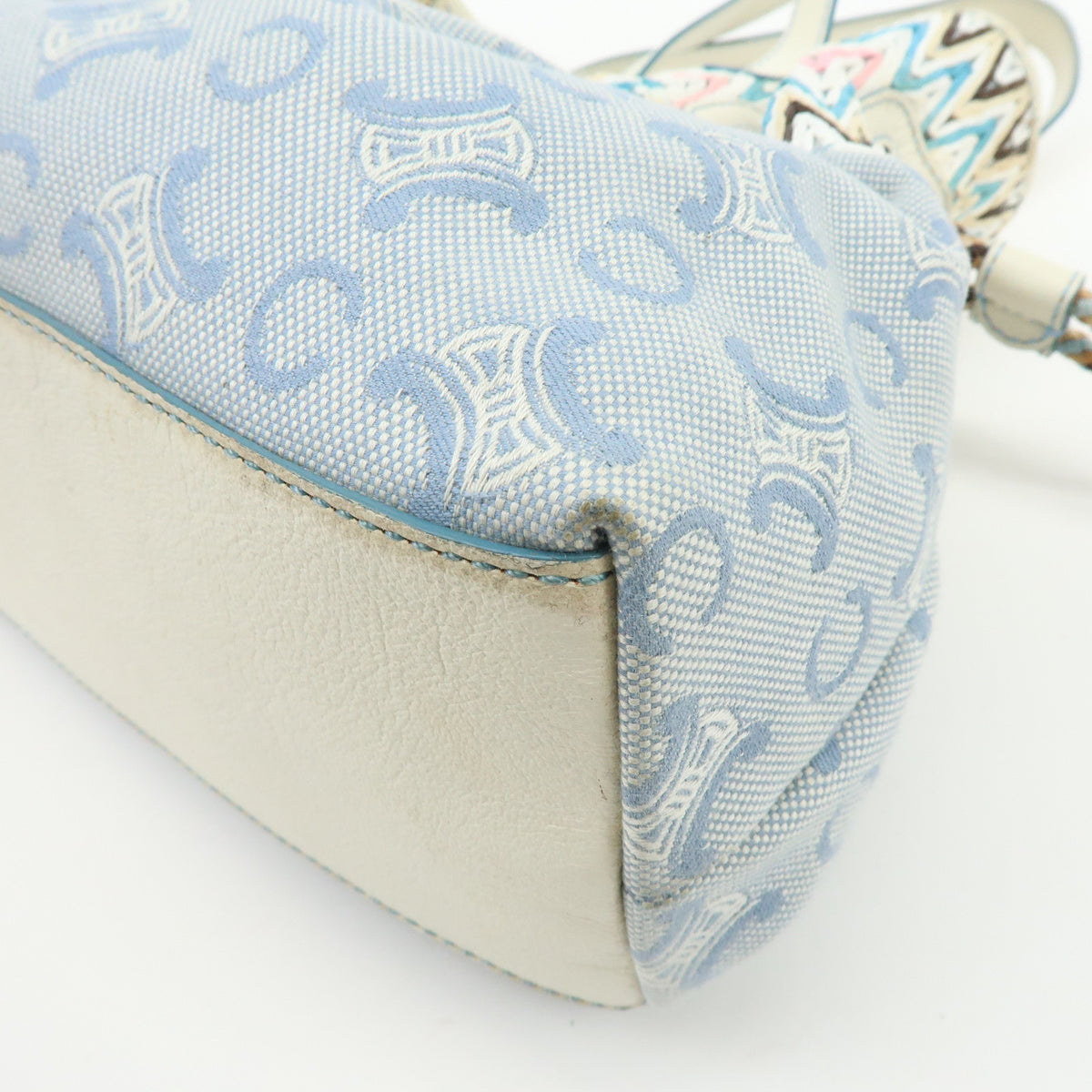 CELINE Macadam Canvas Leather Raffia Hand Bag Light Blue White