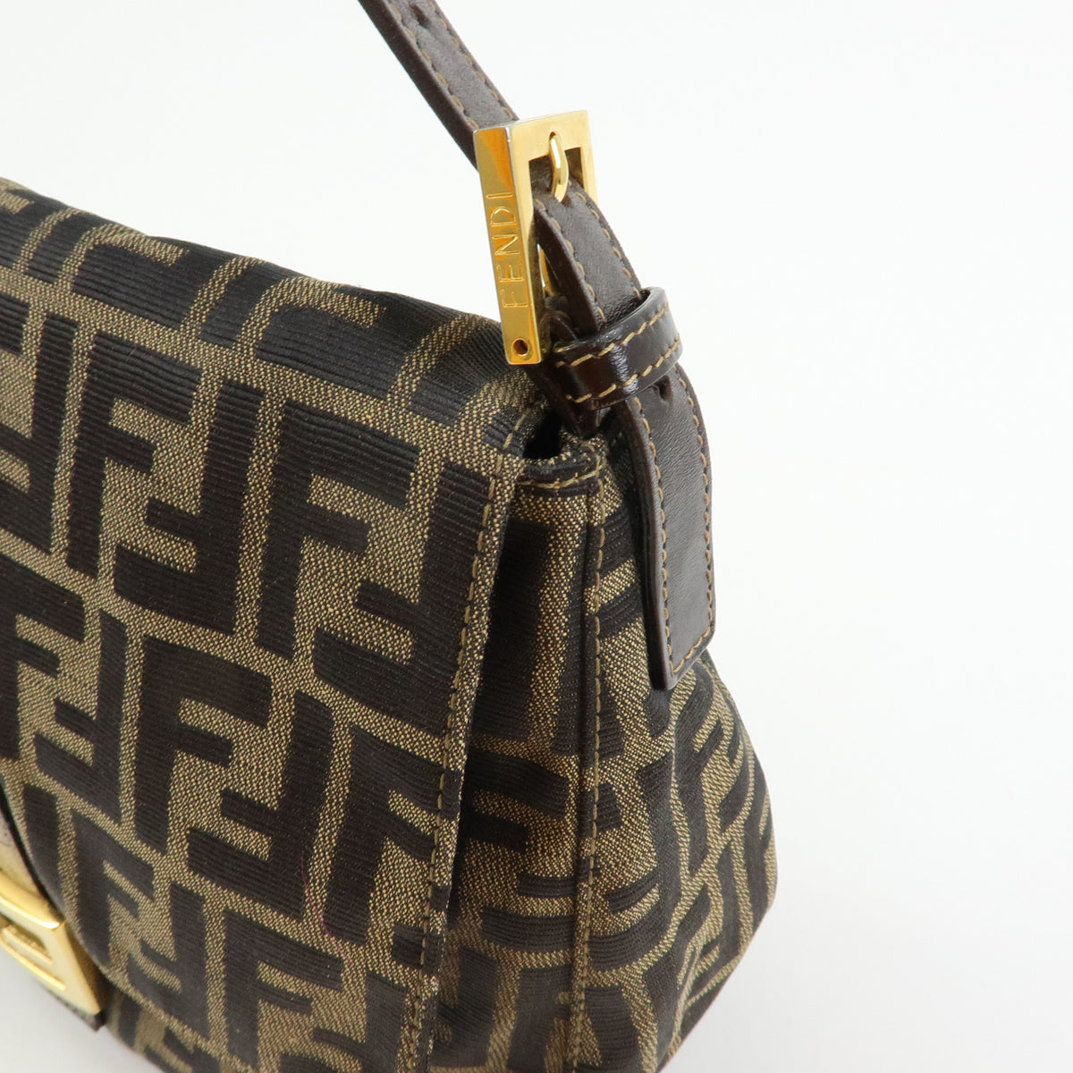 FENDI Zucca Mamma Baguette Canvas Leather Shoulder Bag Brown Gold 26325