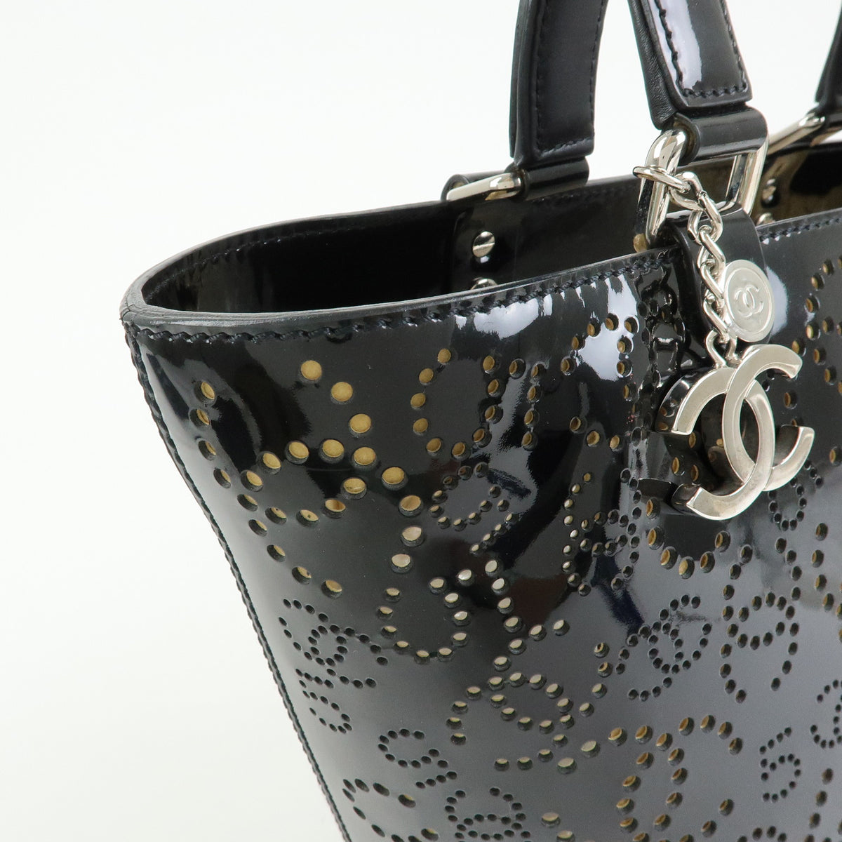 CHANEL COCO Mark Patent Leather Perforated Punching Hand Tote Bag Black