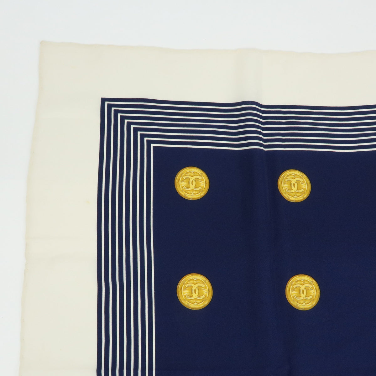 CHANEL COCO Mark Silk 100% Scarf Coin Strip Navy White Yellow