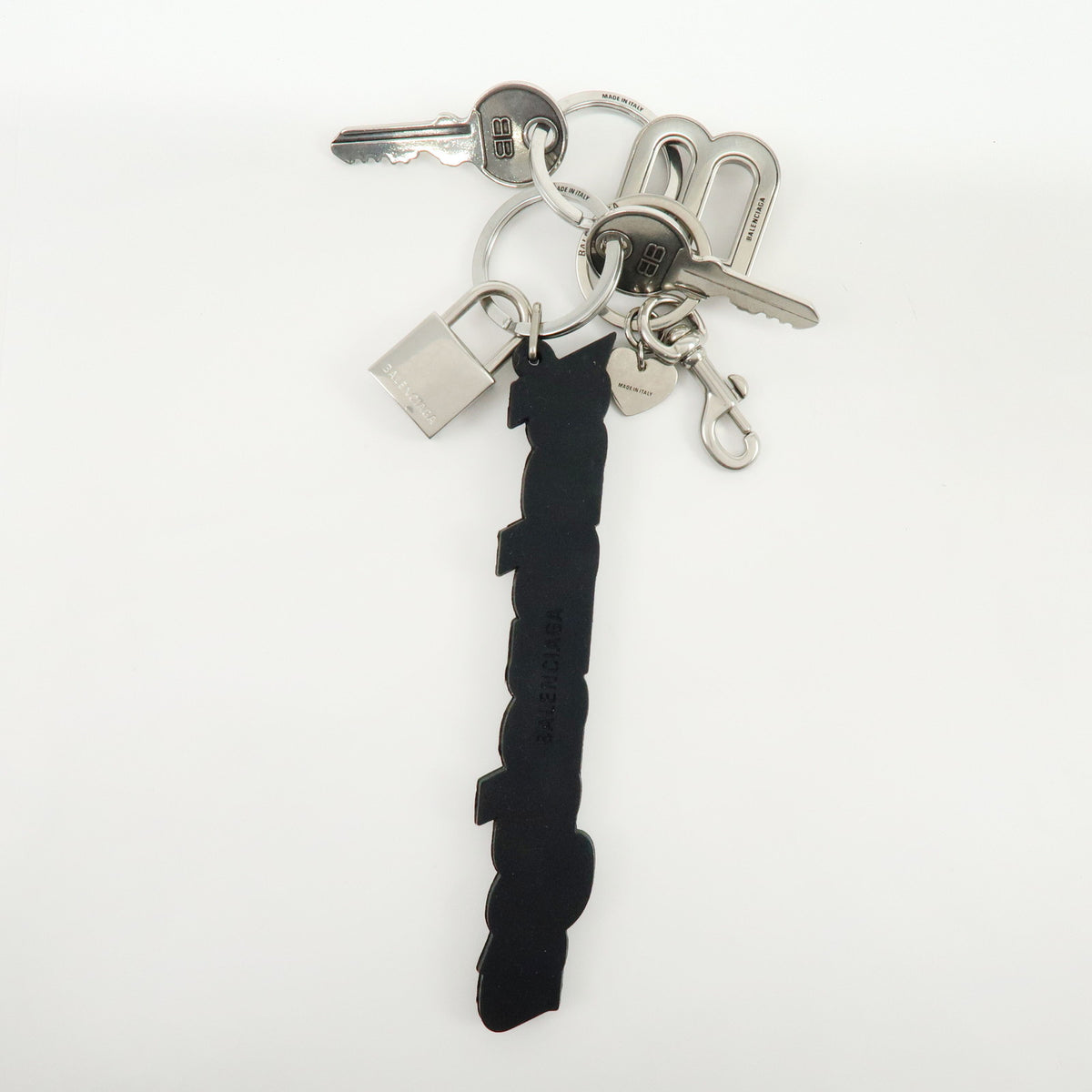 BALENCIAGA Kit Rubber Brass Bag Charm Key Chain Black White