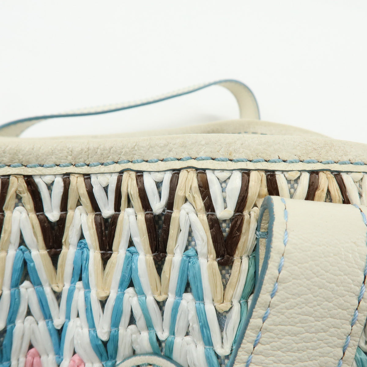 CELINE Macadam Canvas Leather Raffia Hand Bag Light Blue White