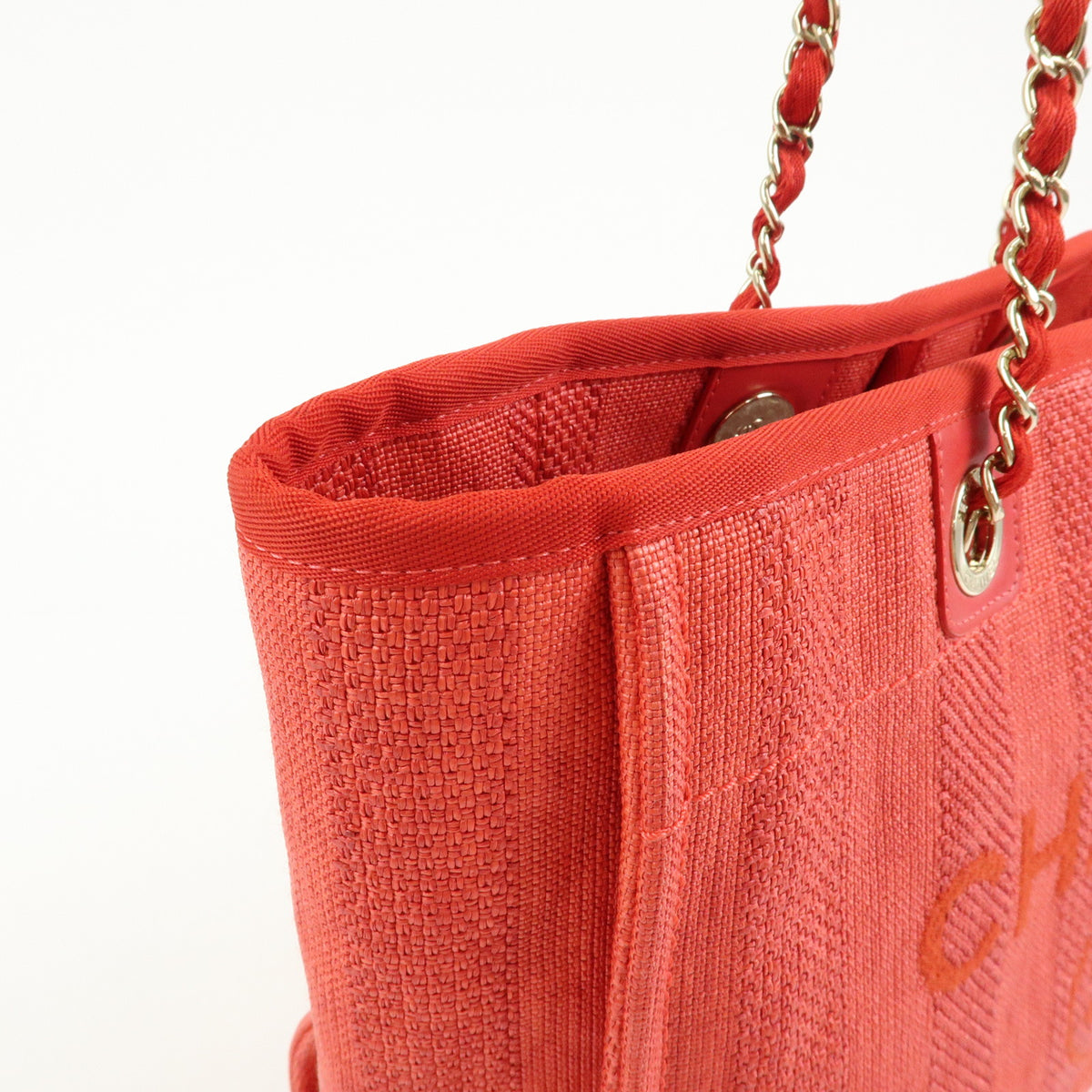 CHANEL Deauville MM Straw Canvas Leather Tote Shoulder Bag Red A67001