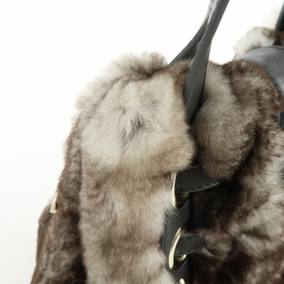 JIMMY CHOO Lapin Rabbit Fur Leather Hand Bag Tote Bag Brown Gray