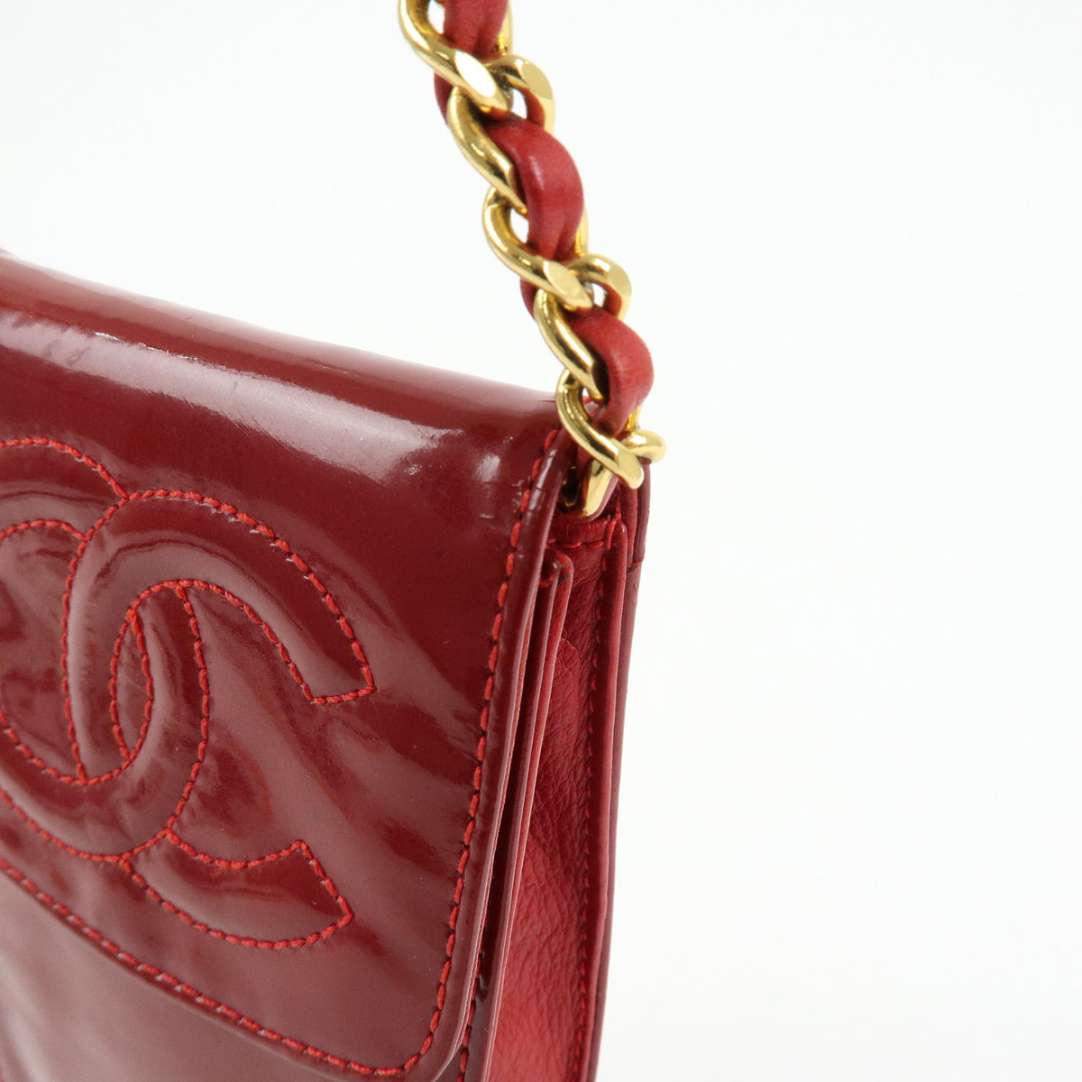 CHANEL COCO Mark Patent Leather Chain Shoulder Bag Phone Case Red Gold
