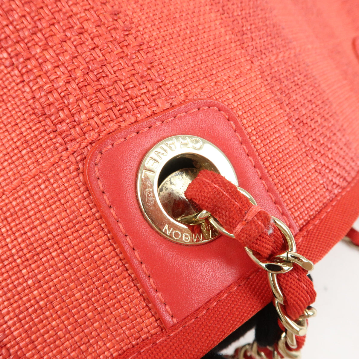 CHANEL Deauville MM Straw Canvas Leather Tote Shoulder Bag Red A67001