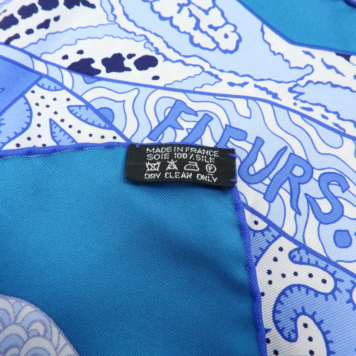 HERMES Carre 90 Silk Scarf 100% FLEURS DINDIENNES Blue White