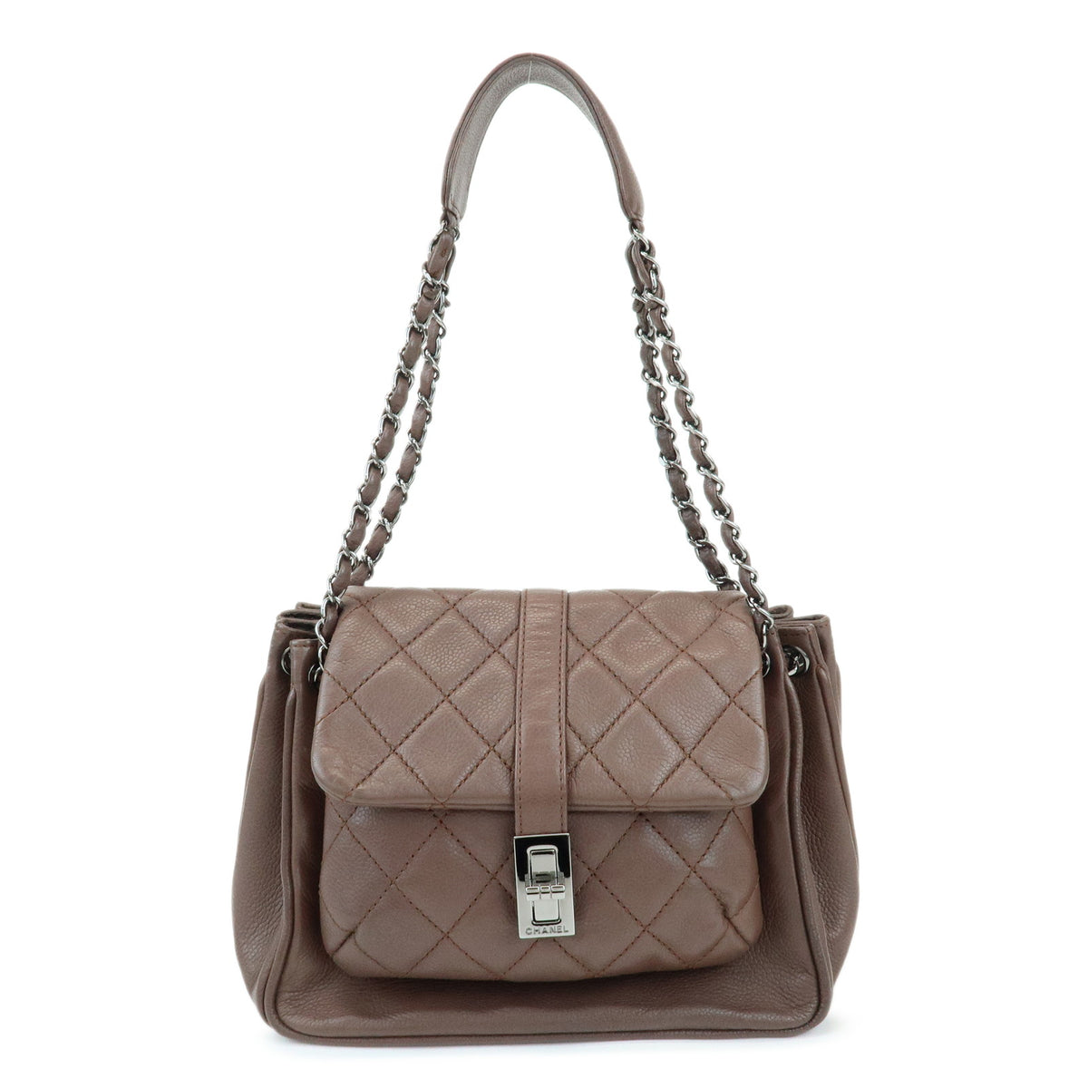 CHANEL 2.55 Mademoiselle Lock Lamb Skin Chain Shoulder Bag Brown