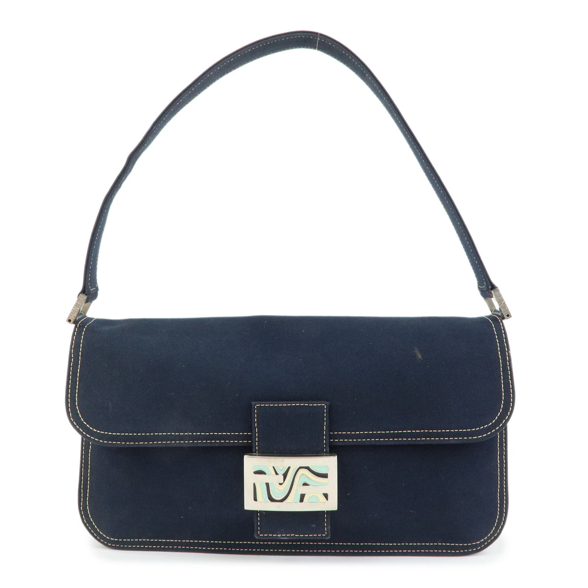 FENDI Mamma Baguette Canvas Shoulder Bag Hand Bag Navy 26424