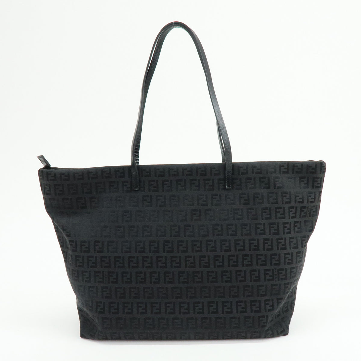 FENDI Zucchino Jacquard Canvas Leather Tote Bag Hand Bag Black 8BH025