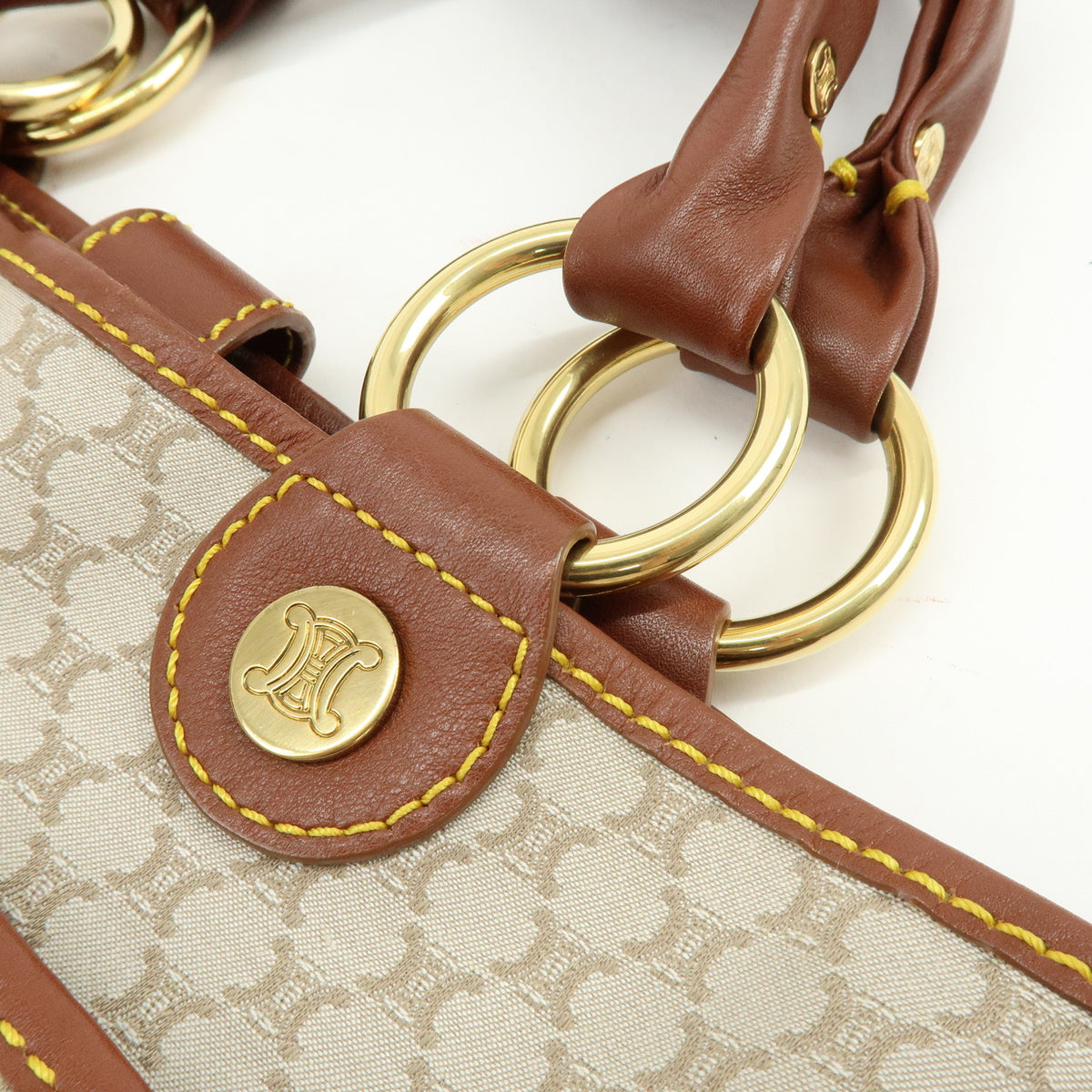 CELINE Macadam Canvas Leather Tote Bag Hand Bag Beige Brown
