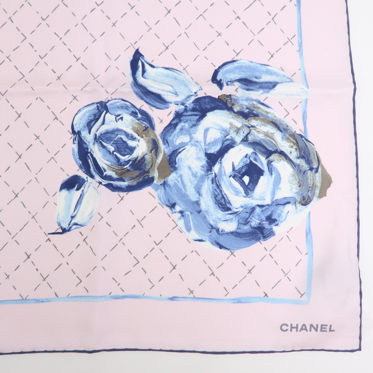 CHANEL COCO Mark Silk 100% Scarf Flower Rose Pink Blue