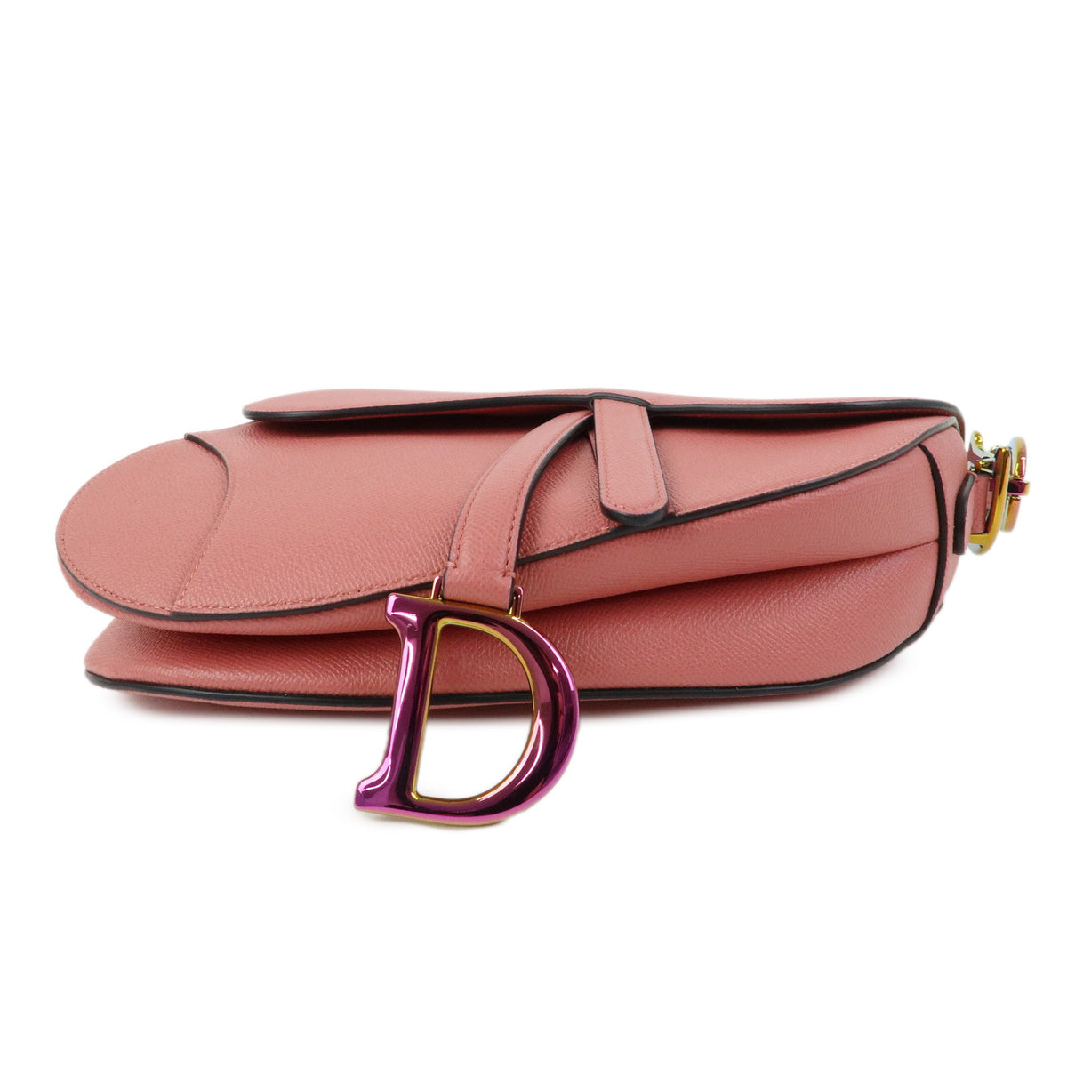 Christian Dior CD Logo Saddle Bag Leather Shoulder Bag Hand Bag Pink