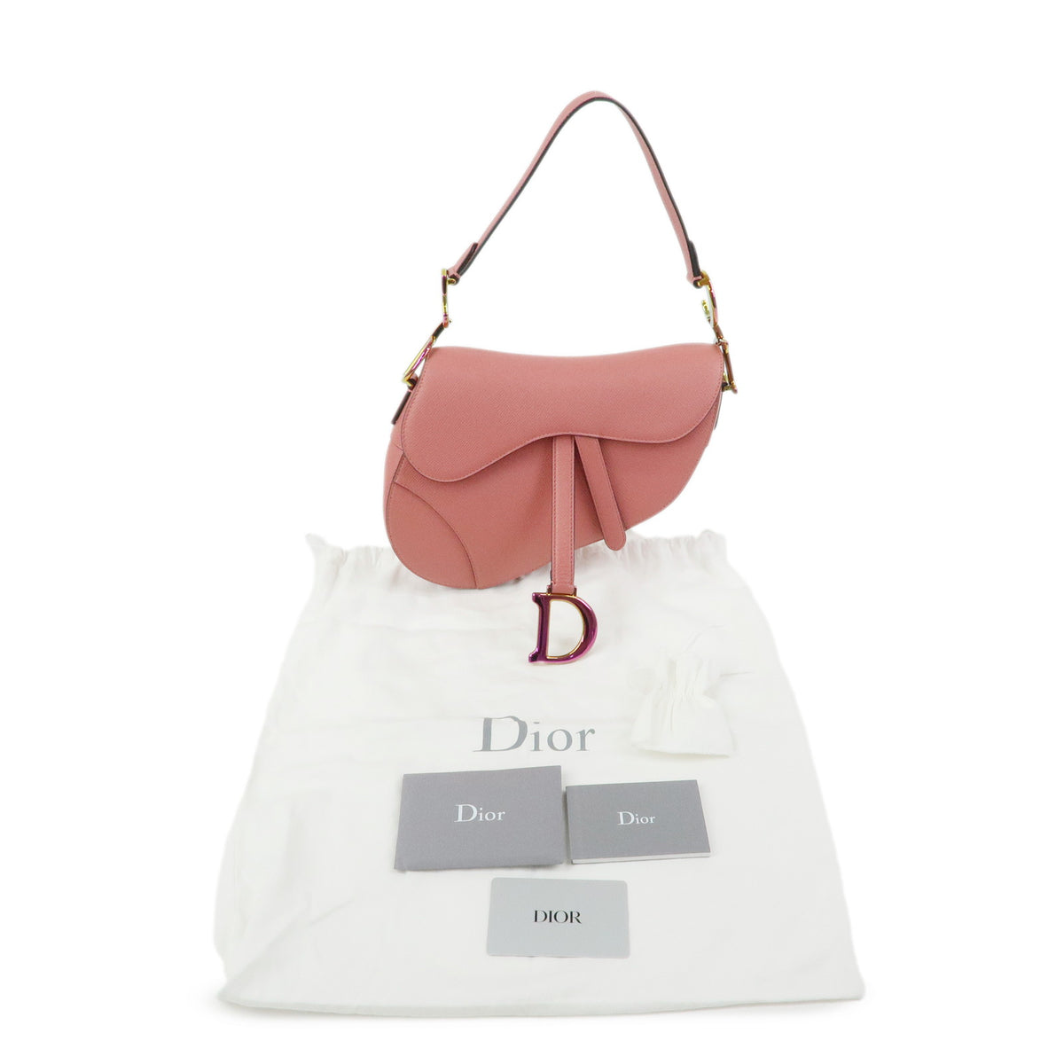 Christian Dior CD Logo Saddle Bag Leather Shoulder Bag Hand Bag Pink