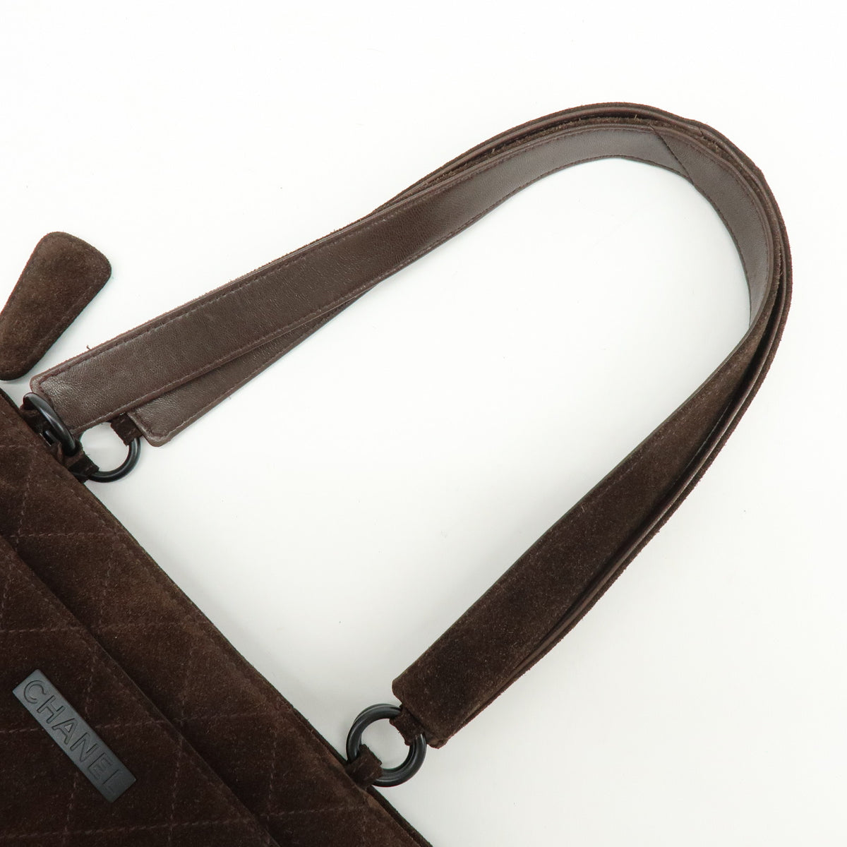 CHANEL Logo Plate Quilting Suede Leather Shoulder Bag Dark Brown Black