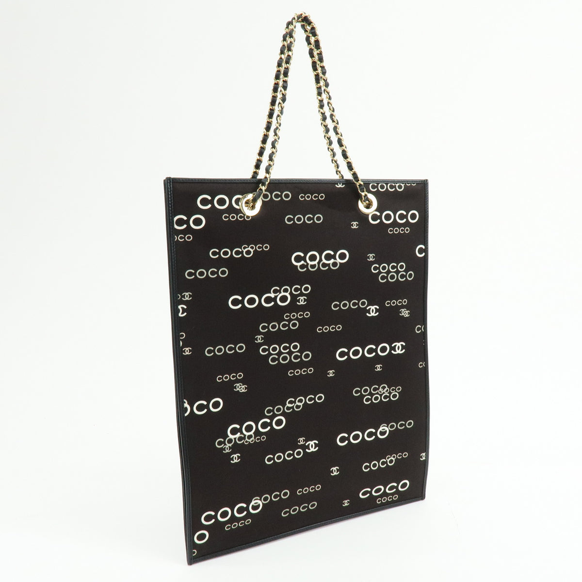 CHANEL COCO Mark Flat Shopper Canvas Leather Chain Tote Bag Black White