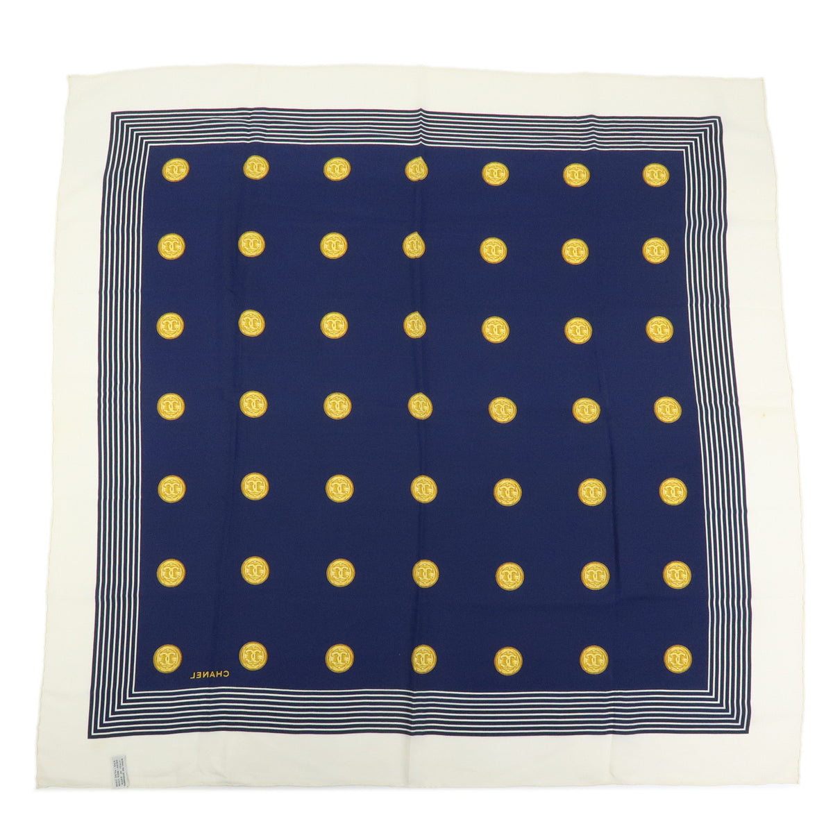 CHANEL COCO Mark Silk 100% Scarf Coin Strip Navy White Yellow
