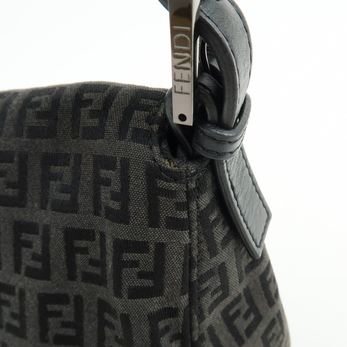 FENDI Mamma Baguette Zucchino Canvas Leather Shoulder Bag Black 8BR001