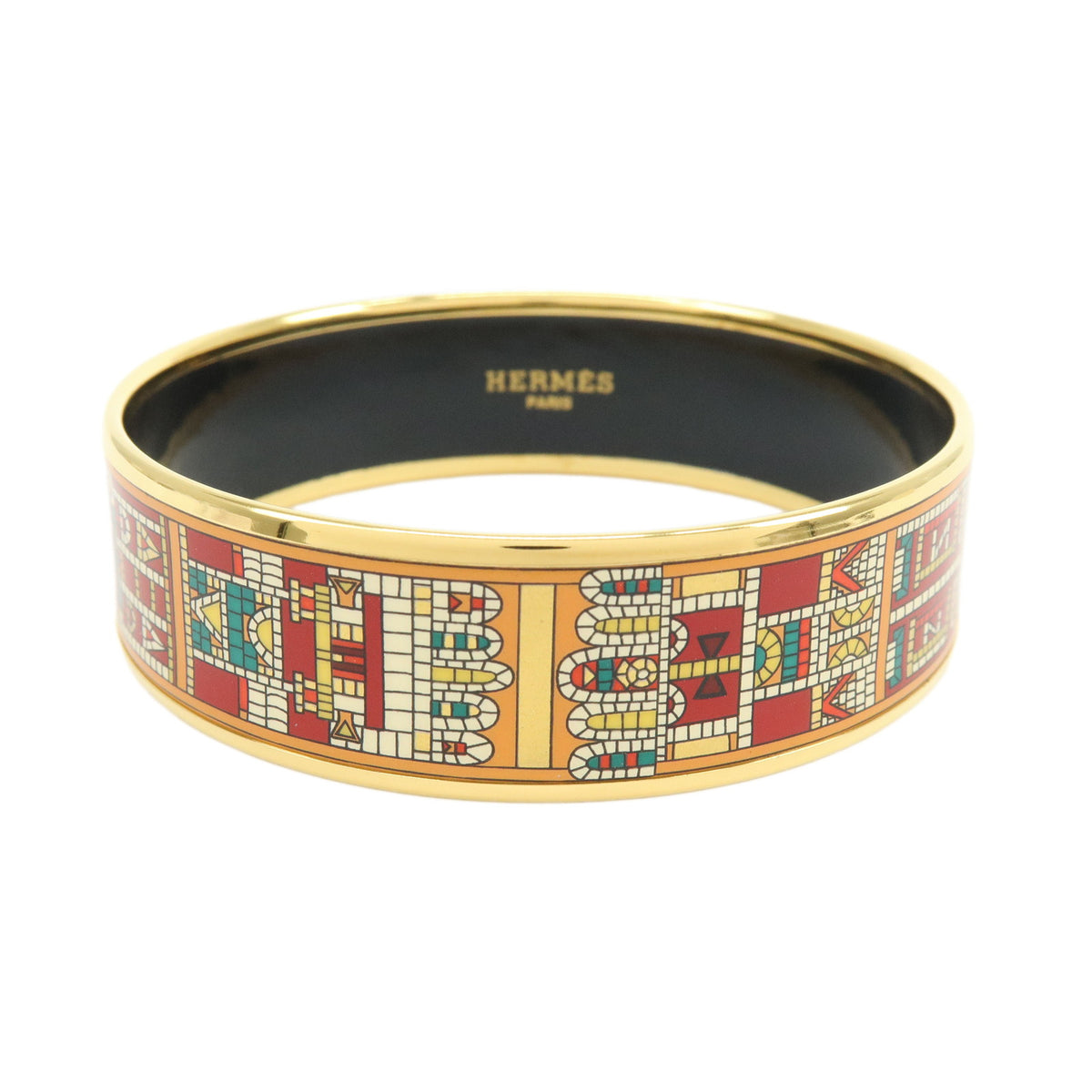 HERMES Email MM Gold Plated Metal Bracelet Bangle Gold Red
