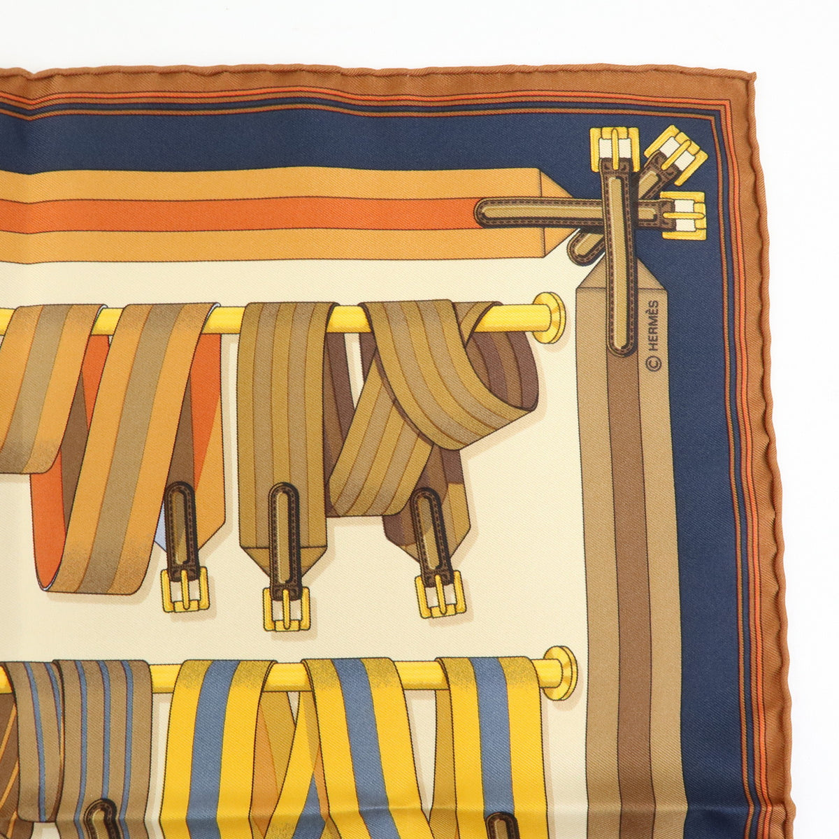 HERMES Carre 42 Silk 100% Scarf LES SANGLES Orange Brown Yellow