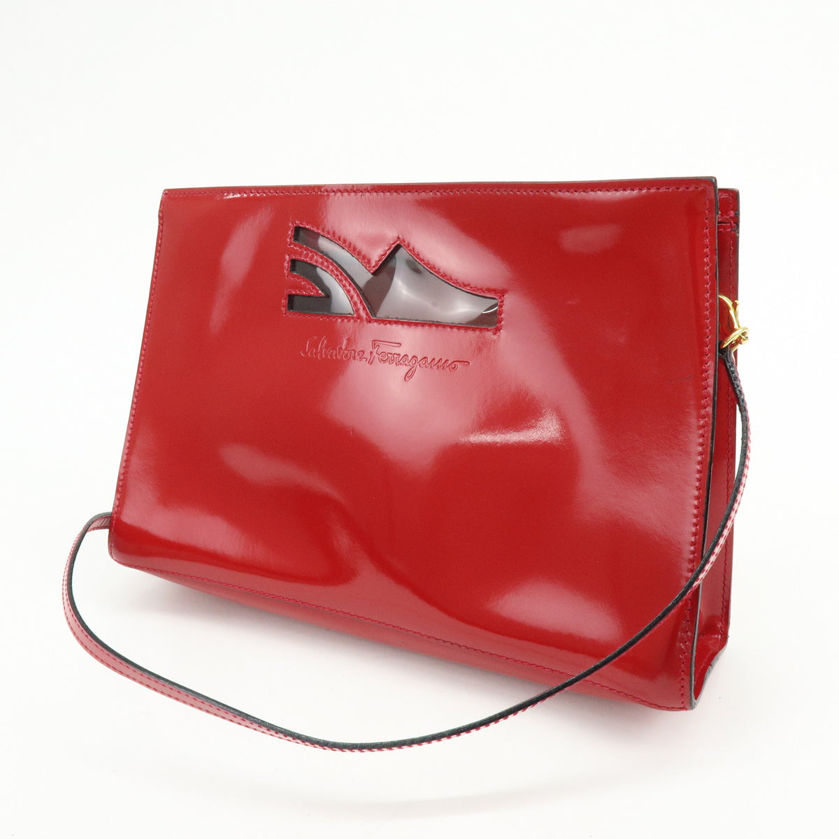 Ferragamo Patent Leather Shoulder Bag Crossbody Bag Red