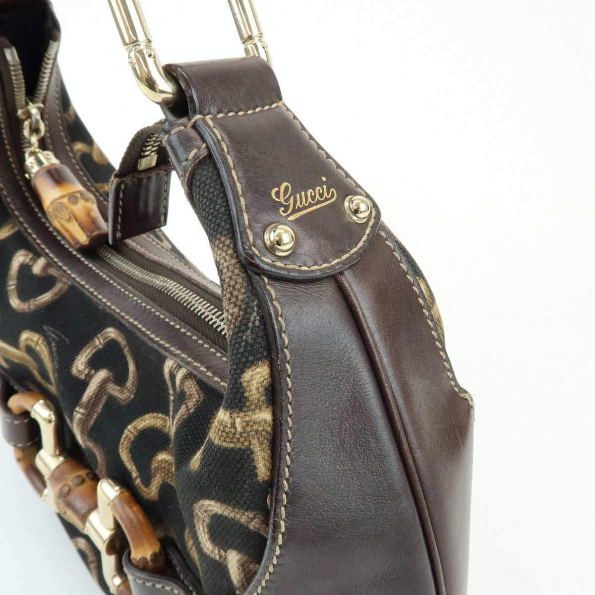 GUCCI Bamboo Horsebit Canvas Leather Shoulder Bag Dark Brown 154378
